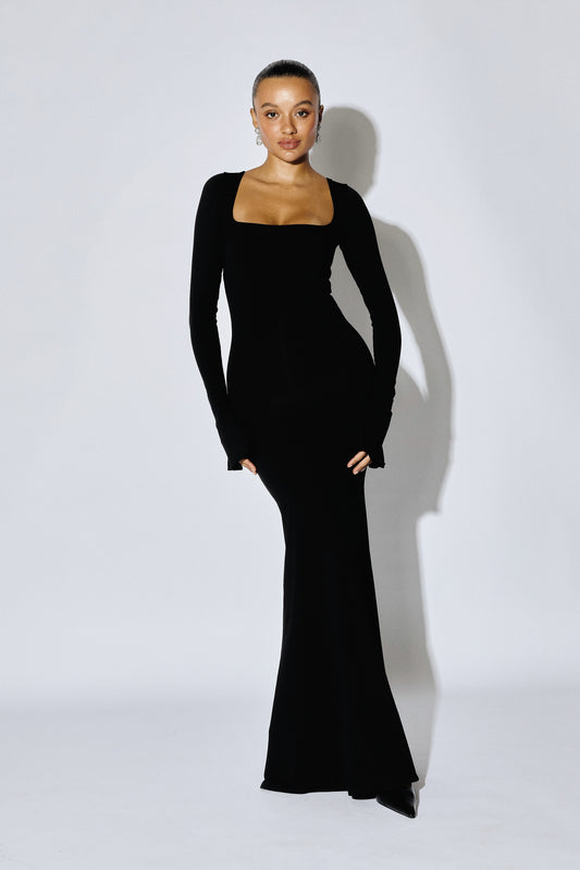 DELPHINE - Long-Sleeve Deep-Square Maxi Gown - Onyx