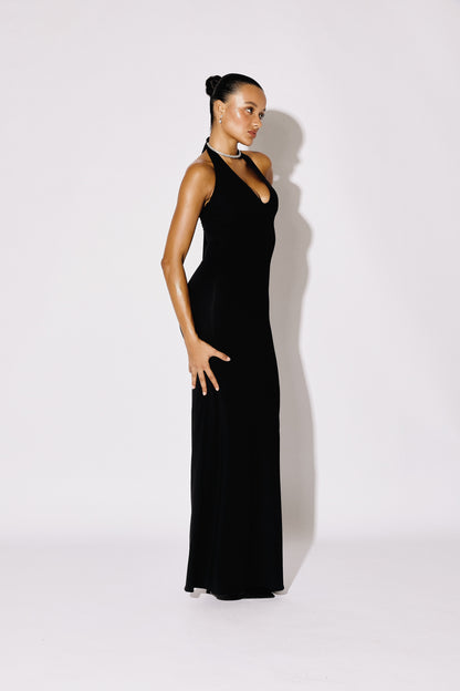 SORAYA - Halter Plunge Column Maxi Gown - Onyx