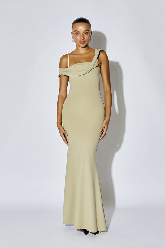 SABINE - Asymmetric Off-Shoulder Mermaid Maxi Gown - Sage