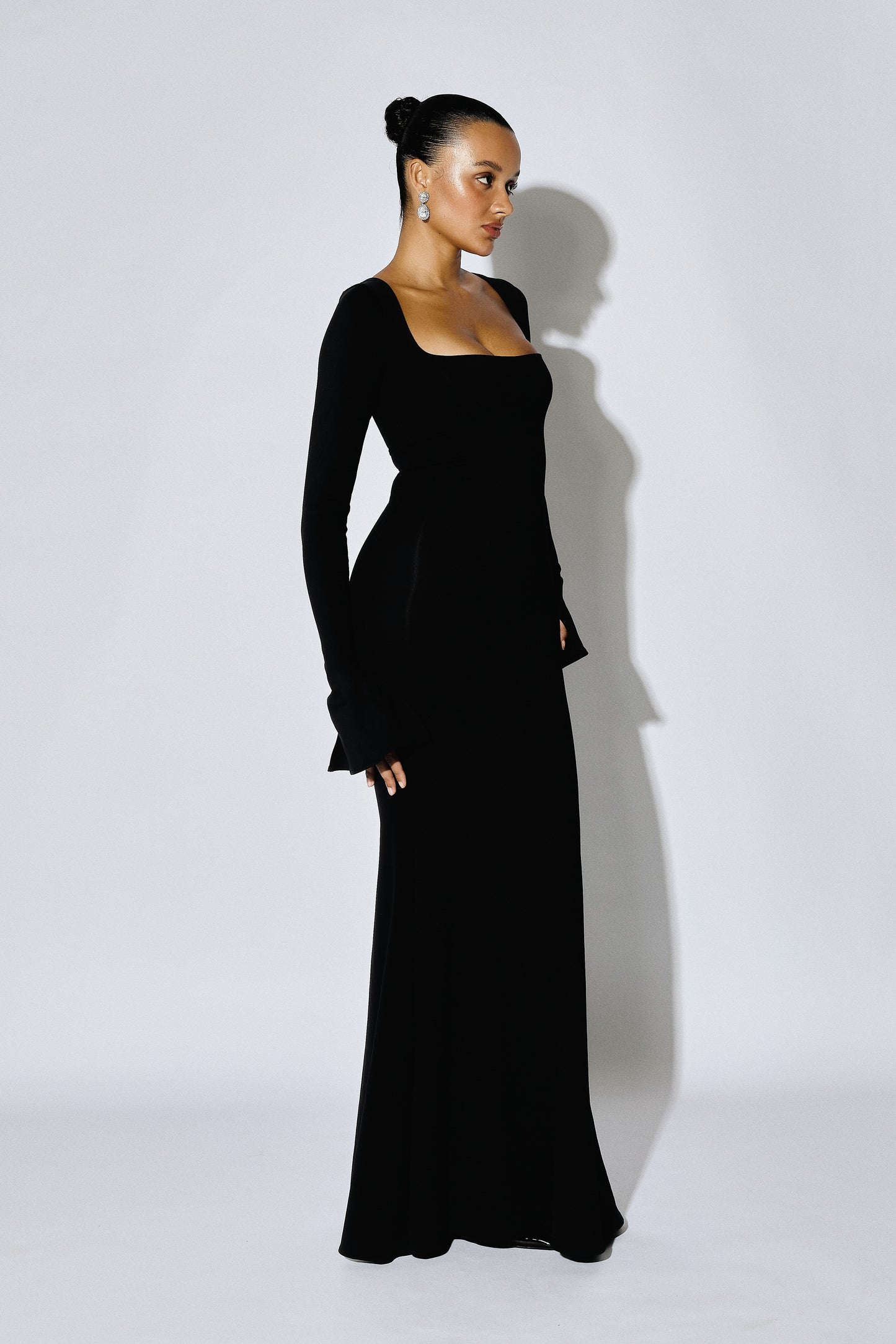 DELPHINE - Long-Sleeve Deep-Square Maxi Gown - Crimson