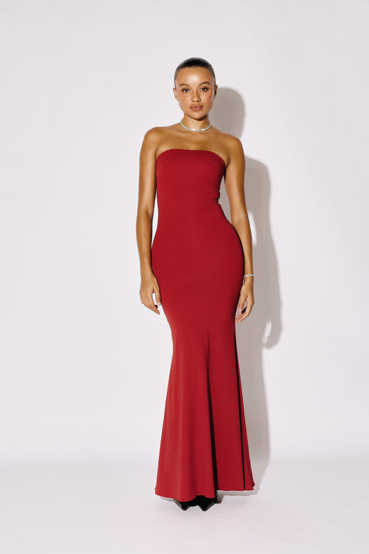 THALIA - Strapless Mermaid Maxi Gown - Crimson