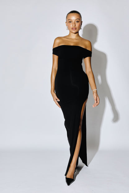 VIVIEN - Bardot High-Slit Maxi Gown - Spotlight Red