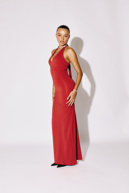 SORAYA - Halter Plunge Column Maxi Gown - Onyx