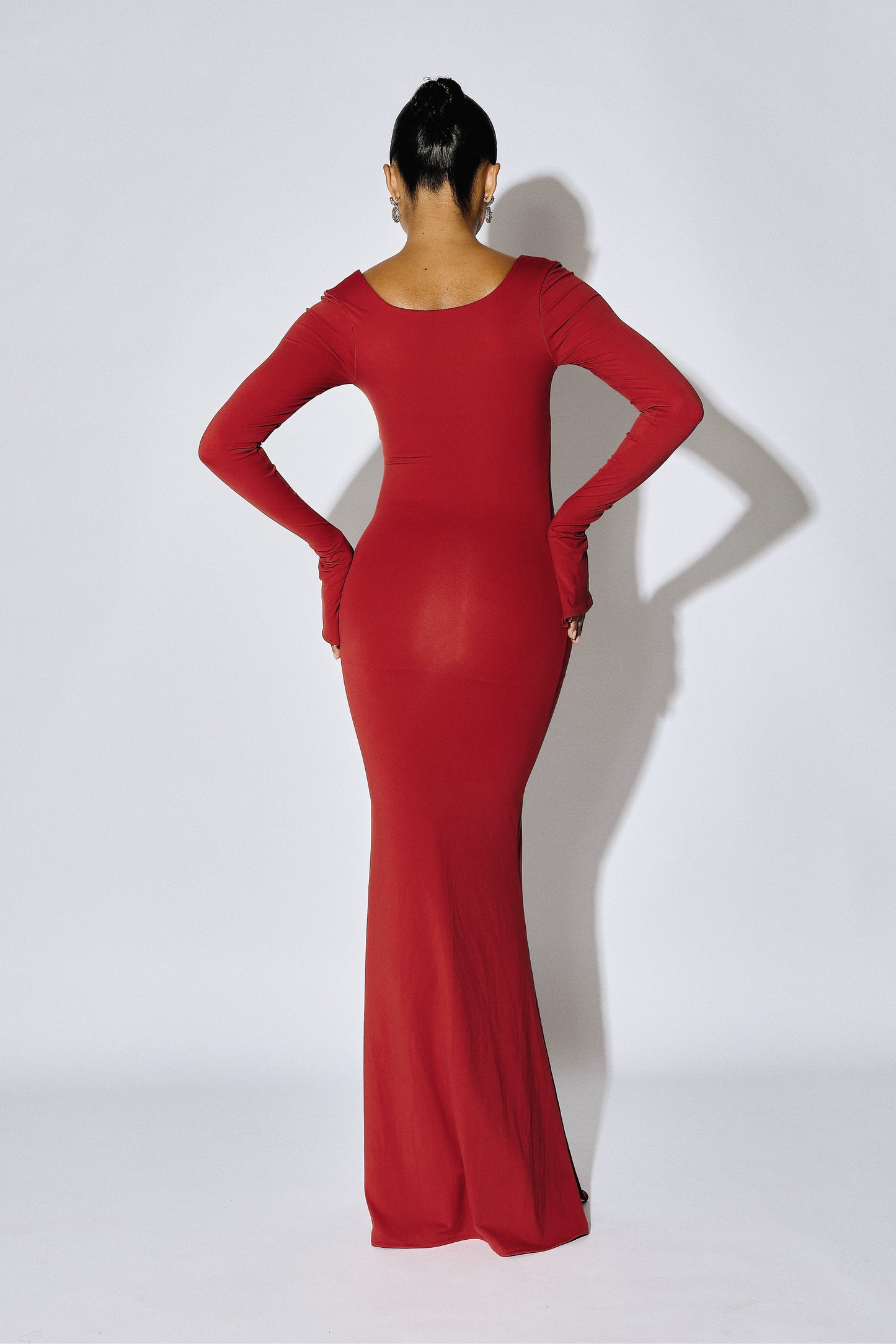 DELPHINE - Long-Sleeve Deep-Square Maxi Gown - Crimson
