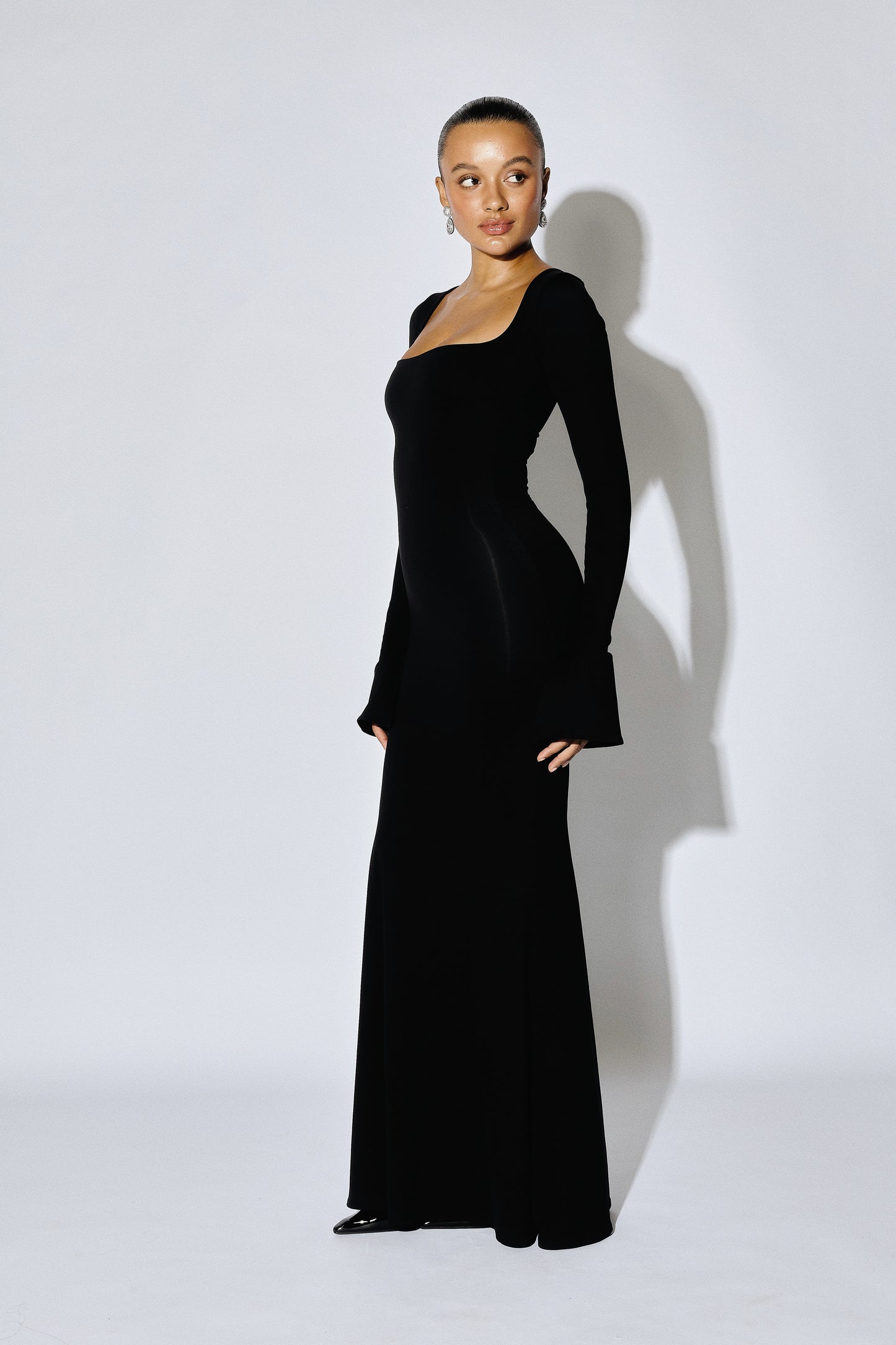 DELPHINE - Long-Sleeve Deep-Square Maxi Gown - Crimson