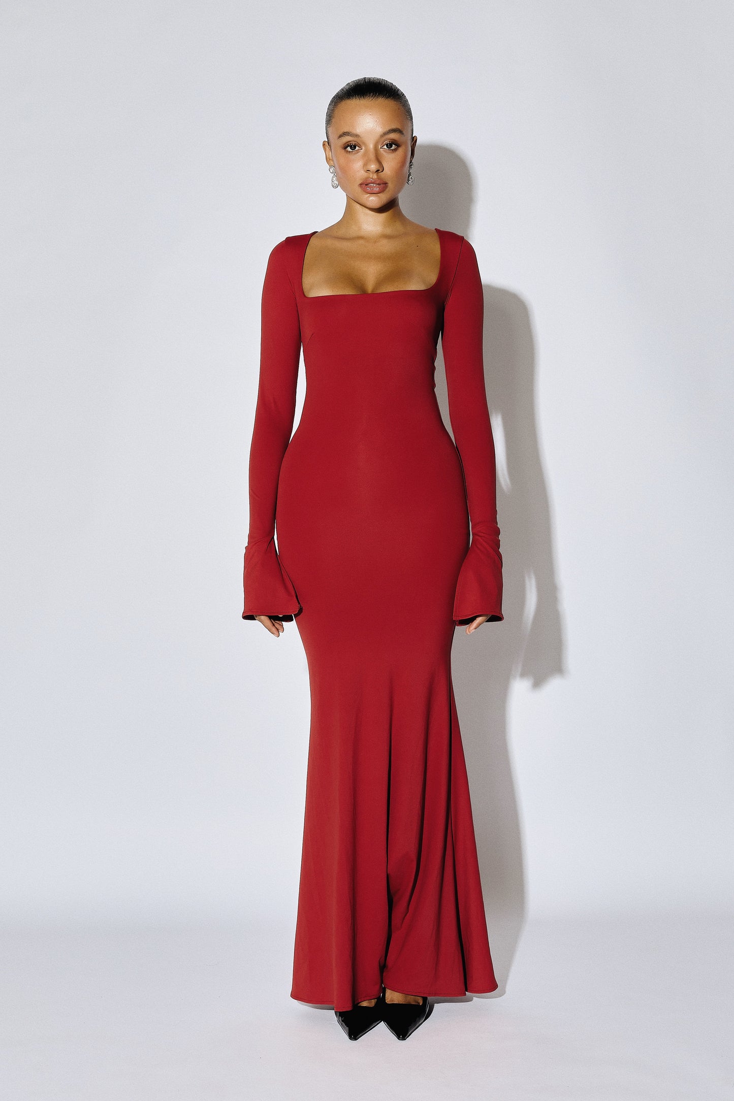 DELPHINE - Long-Sleeve Deep-Square Maxi Gown - Crimson