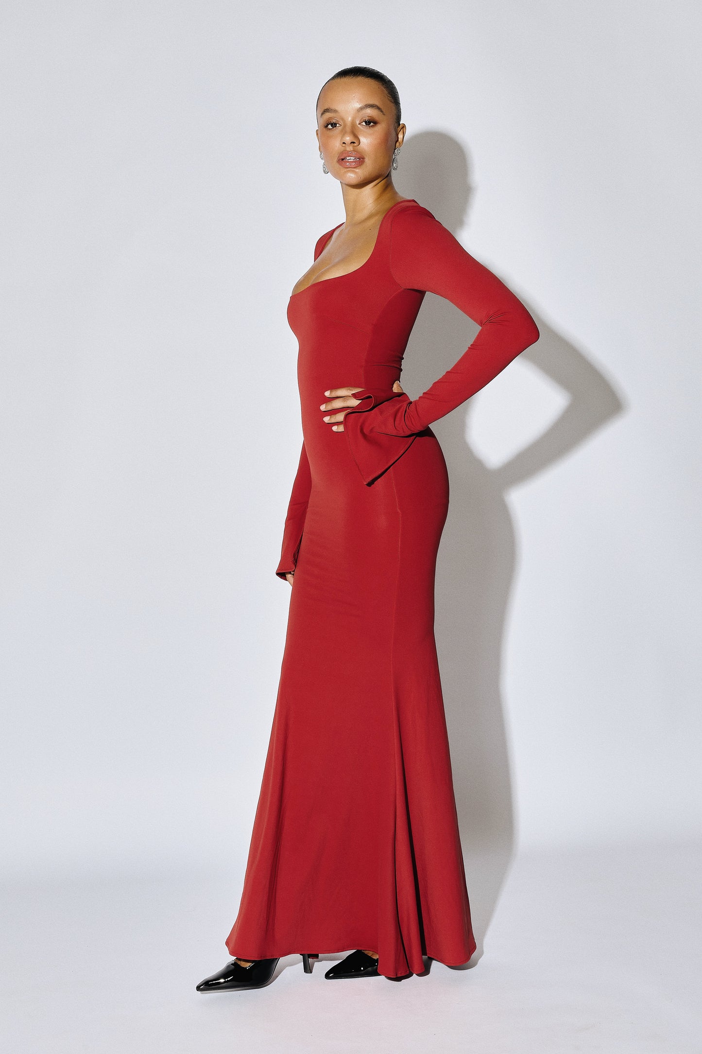 DELPHINE - Long-Sleeve Deep-Square Maxi Gown - Crimson