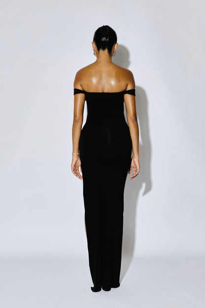 VIVIEN - Bardot High-Slit Maxi Gown - Spotlight Red