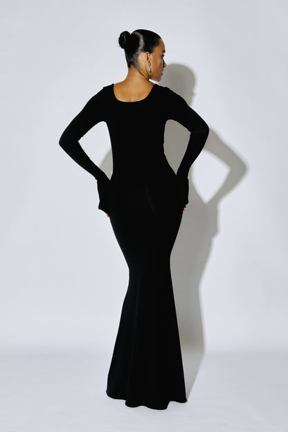 DELPHINE - Long-Sleeve Deep-Square Maxi Gown - Crimson