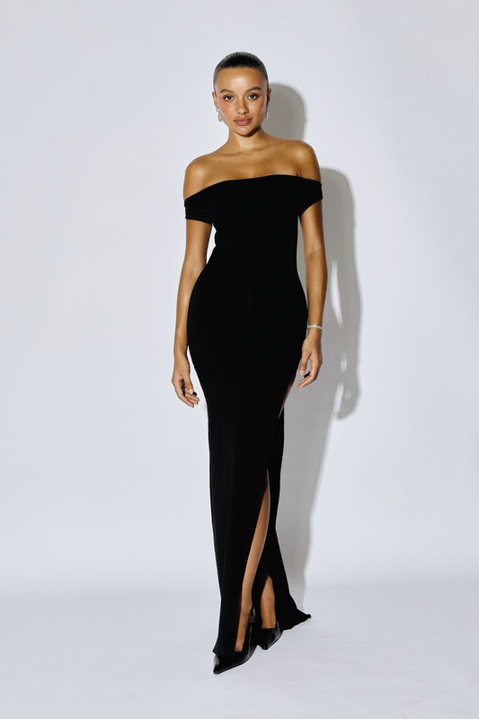 VIVIEN - Bardot High-Slit Maxi Gown - Onyx